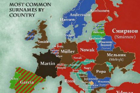Această hartă ne arată care sunt cele mai comune nume de familie în ţările din Europa