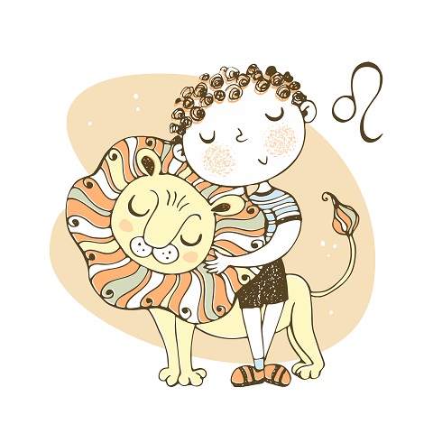 zodiacul copiilor reprezentare a zodiei Leu cu un baietel care imbratiseaza un leu