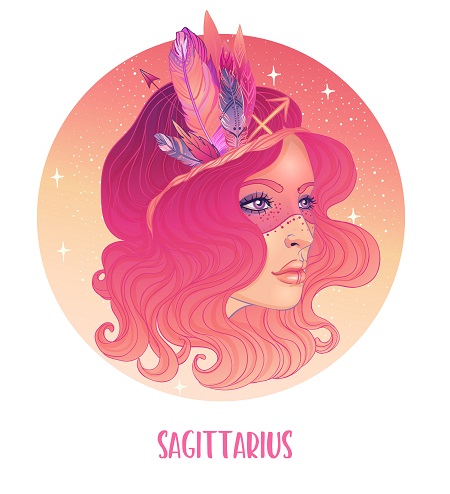 ilustratie, reprezentare a zodiei Sagetator sub forma unei femei tinere, frumoase, cu par ondulat si cu pene pe cap