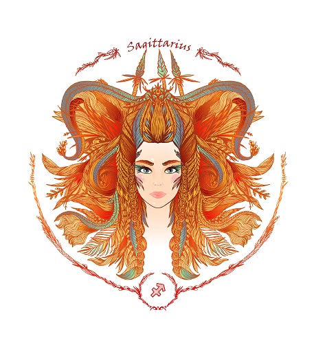 ilustratie reprezentare a zodiei Sagetator sub forma unei femei tinere si frumoase cu parul bogat
