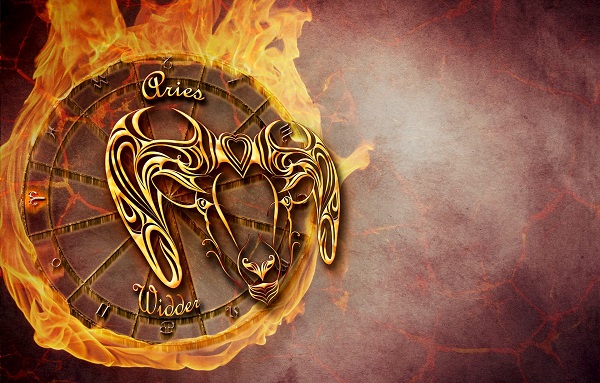 reprezentare a simbolului zodiei Berbec pe fond care arata ca este zodie de foc