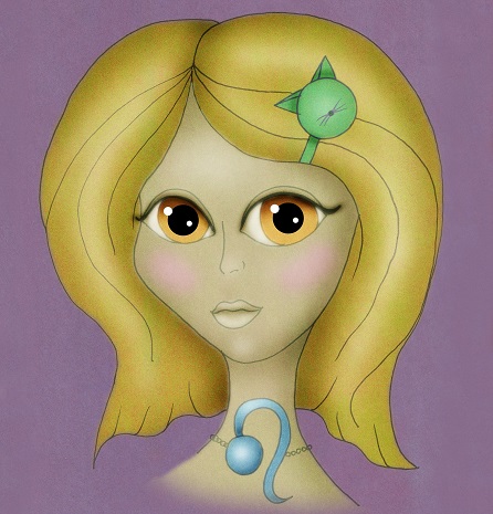 reprezentare a zodiei Leu sub forma unei fete blonde care poarta la gat un medalion cu simbolul zodiei sale