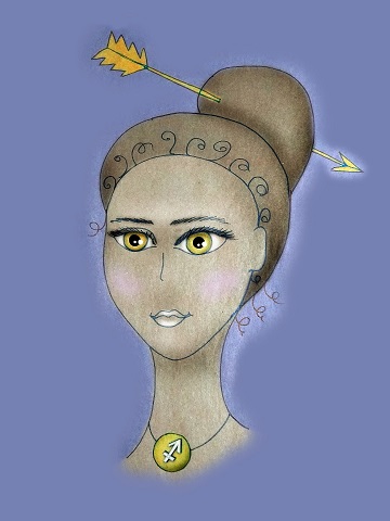 ilustratie, reprezentare a zodiei Sagetator sub forma unei fete tinere cu parul strans in coc, ce poarta la gat un colier cu simbolul zodiei sale