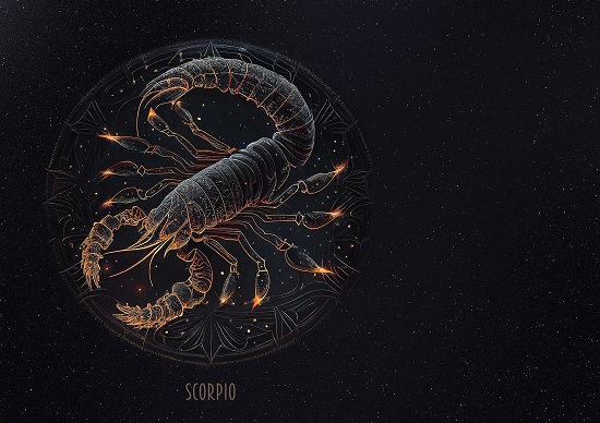 ilustratie, astrologie, reprezentare a zodiei Scorpion pe fundal negru