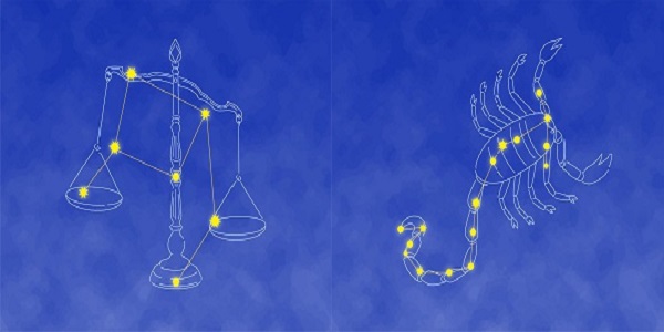 vectori, reprezentare a zodiilor Balanta si Scorpion, alaturi de constelatiile ce le sunt specifice