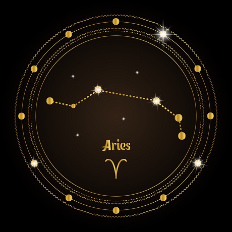 constelatia specifica zodiei Berbec in cercul cosmic, reprezentare cu maro si auriu