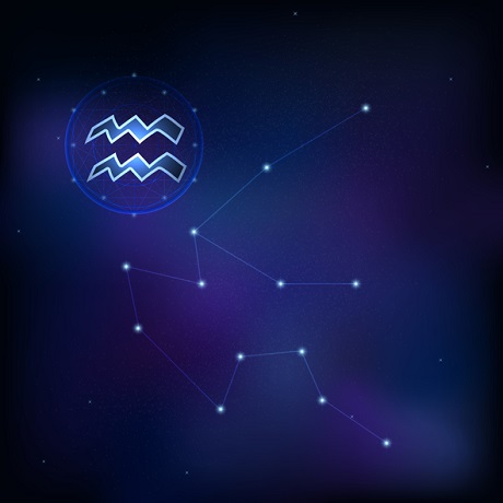 reprezentare a simbolului zodiei Varsator, reprezentarea constelatiei aferente, reprezentare pe fond ce reflecta galaxia