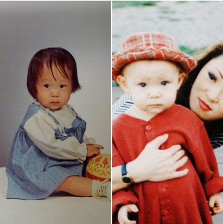 fetita de origine asiatica cu rochita bleu si mama cu copilul ei imbracat in rosu