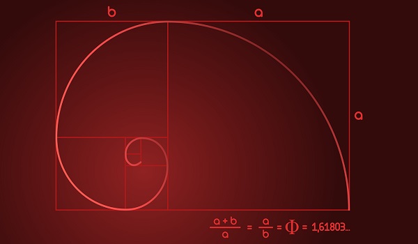 reprezentare a spiralei lui Fibonacci si a raportului de aur pe fond rosu