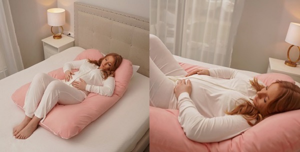 femeie insarcinata in pijama alba stand in pat pe o perna roz pentru gravide