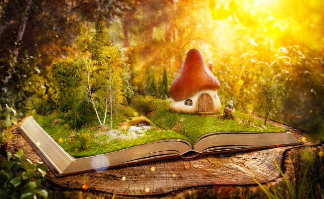 casa magica sub forma de ciuperca in padure pe paginile unei carti deschise