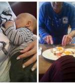 O străină ajută o mamă care alaptează să își servească micul dejun