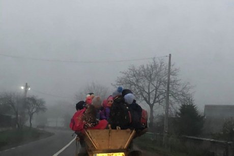 Fotografia unui viitor chinuit: o caruță plină de copii înghesuiți, în drum spre școală, pe o vreme geroasă