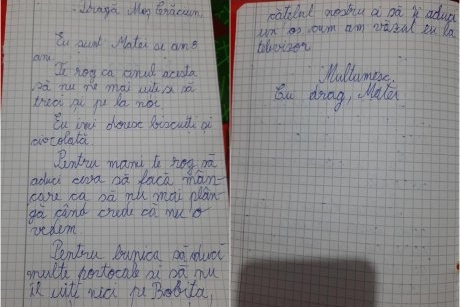 Scrisoarea emoționantă a unui copil de 8 ani pentru Moș Crăciun. „Pentru mami te rog să aduci ceva să facă mâncare ca să nu mai plângă când crede că nu o vedem”