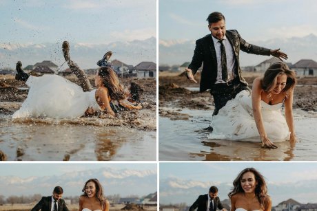 Poza zilei: momentul în care un cuplu cade în noroi la ședința foto de la nuntă
