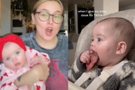 Nebunie pe TikTok: o mamă îi dă bebelușei ei de 6 luni să mănânce singură friptură în sânge
