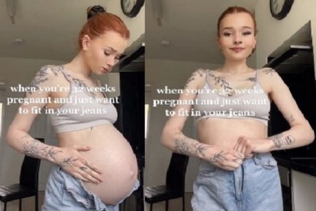 Sunt însărcinată în 8 luni și pot face ca burta mea să se micșoreze într-o clipă, ca să încap în jeanșii mei preferați