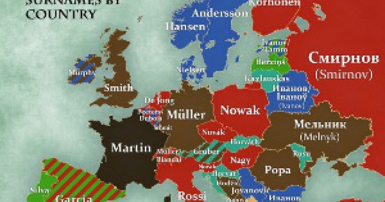 Această hartă ne arată care sunt cele mai comune nume de familie în ţările din Europa