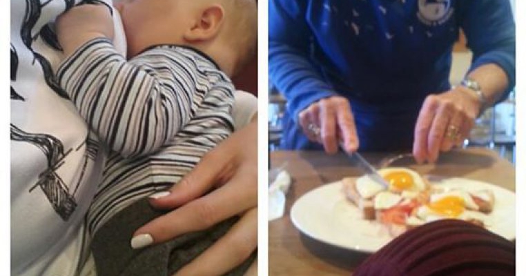 O străină ajută o mamă care alaptează să își servească micul dejun
