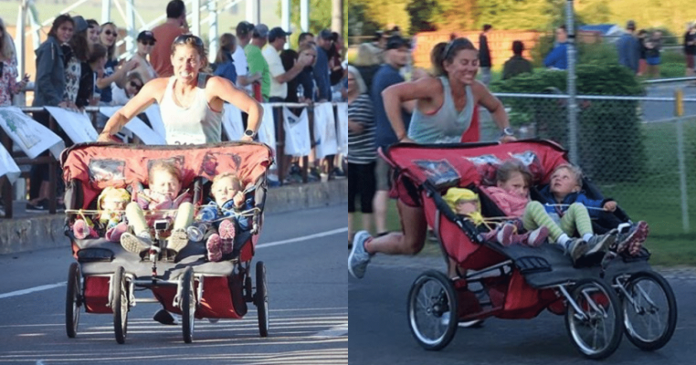 O mamă a terminat un maraton împingând un cărucior cu cei trei copii ai ei