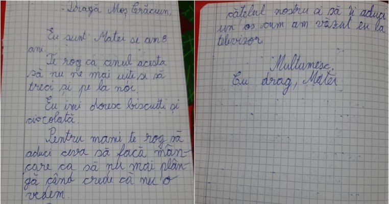 Scrisoarea emoționantă a unui copil de 8 ani pentru Moș Crăciun. „Pentru mami te rog să aduci ceva să facă mâncare ca să nu mai plângă când crede că nu o vedem”