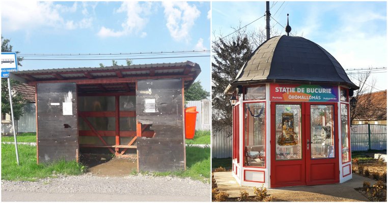 Stația de bucurie: ca să nu mai aștepte copiii autobuzul în ploaie, un român a transformat o stație veche într-un loc cu muzică și cărți