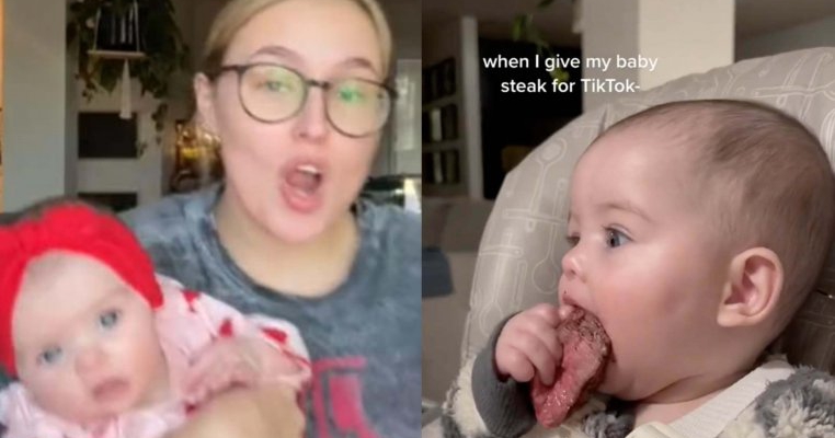 Nebunie pe TikTok: o mamă îi dă bebelușei ei de 6 luni să mănânce singură friptură în sânge