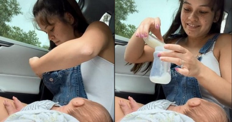 Sunt ca o văcuță! Iată cât lapte produce sânul drept, în timp ce bebe suge la cel stâng