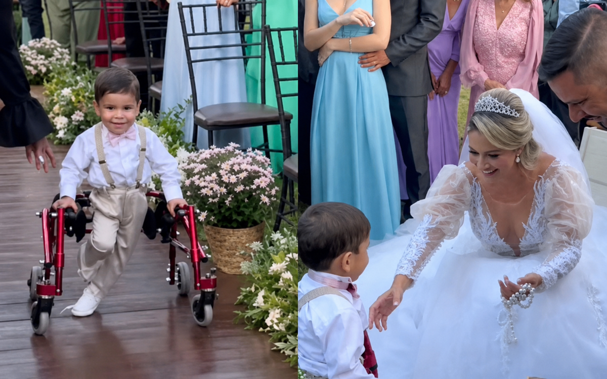 Imaginile care au topit internetul! Enzo, un băiețel diagnosticat cu paralizie cerebrală, a dus la altar verighetele la nunta mamei sale