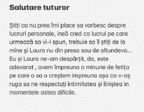 Grasu XXL şi-a anunţat fanii că el şi Laura Andreşan se despart