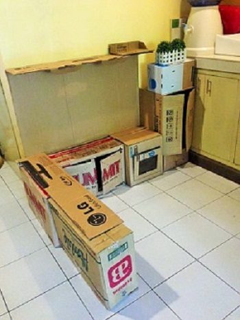 Cutii de carton din care se va confectiona o bucatarie Cutii de carton din care se va confectiona o bucatarie
