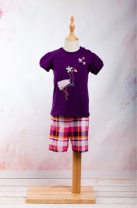 Set / Compleu pantalon scurt in carouri si bluza cu maneca scurta si flamingo brodat 100% bumbac pentru fetite