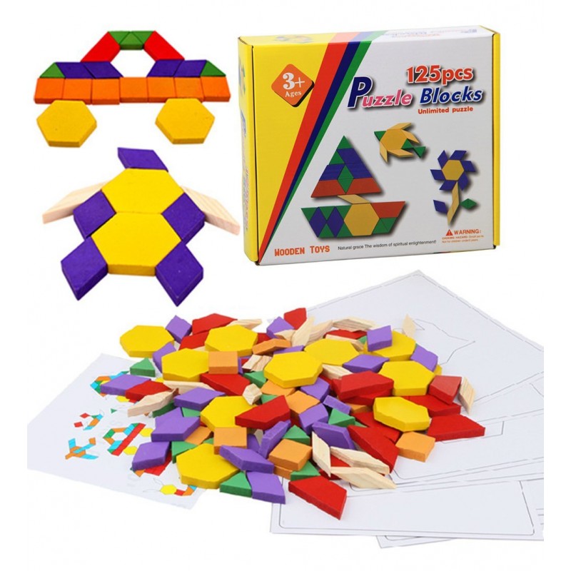 Puzzle Tangram din lemn cu 125 de bucati - modele nelimitate