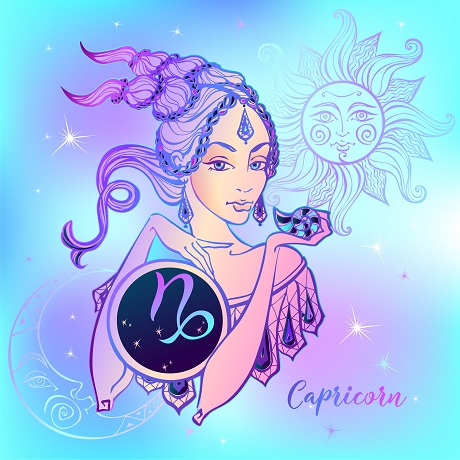 reprezentare-a-zodiei-Capricorn-sub-forma-unei-fete-frumoase-ce-are-lângă-ea-si-Soarele