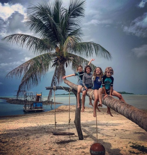 patru-copii-veseli-urcati-pe-un-palmier-pe-o-plaja-exotica