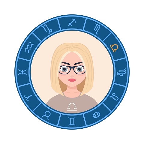 reprezentare a zodiei Balanta sub forma unei femei tinere blonde cu ochelari