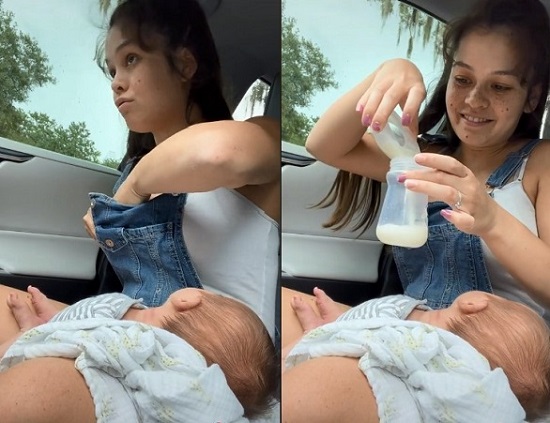 mama aflata in masina cu bebelusul ei pe genunchi in timp ce incearca sa utilizeze un colector de lapte matern