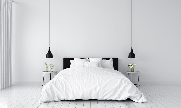 dormitor minimalist, dominat de alb