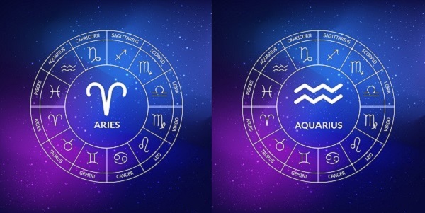 reprezentare a simbolurilor zodiilor Berbec si Varsator alaturi de celelalte zodii