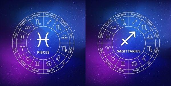 reprezentare a simbolurilor zodiilor Pesti si Sagetator alaturi de celelalte zodii