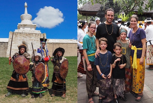 copii cu costume traditionale din Mongolia si familie fericita in Indonezia