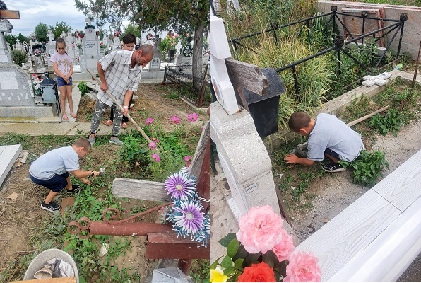 copii alaturi de tatal lor gropar in cimitir