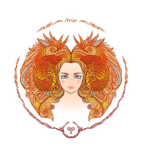 ilustratie reprezentare a zodiei Berbec sub forma unei femei tinere si frumoase cu par bogat