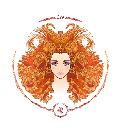ilustratie reprezentare a zodiei Leu sub forma unei femei tinere si frumoase cu parul bogat