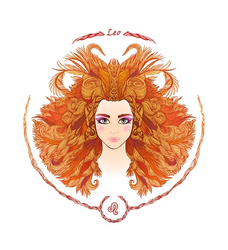 ilustratie reprezentare a zodiei Leu sub forma unei femei tinere si frumoase cu parul bogat