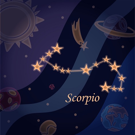 reprezentare a zodiei Scorpion sub forma de constelatie, iar pe fundal se vad soarele si alte planete