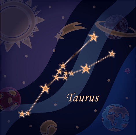 reprezentare a zodiei Taur sub forma unei constelatii, pe un fundal pe care se vad planete