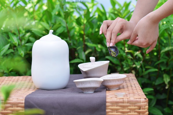 vase necesare pentru prepararea ceaiului verde si femeie care incearca sa puna planta pentru ceai intr-un recipient alb