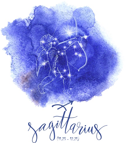 reprezentare a zodiei Sagetator, sub forma de ilustratie, cu mult albastru