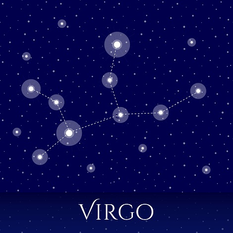 reprezentare constelatie zodia Fecioara pe fond albastru